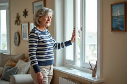 Femme ouvrant une fenêtre blanche dans une maison de bord de mer