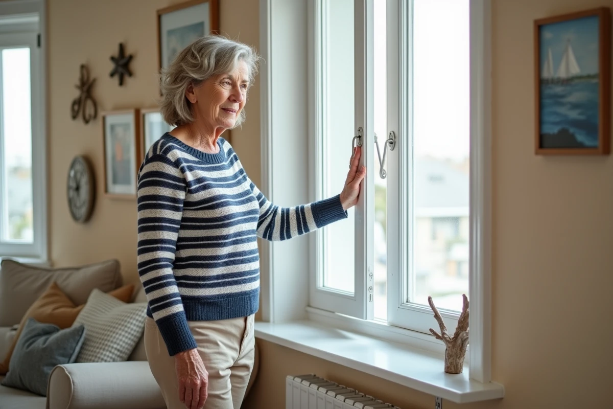 Femme ouvrant une fenêtre blanche dans une maison de bord de mer