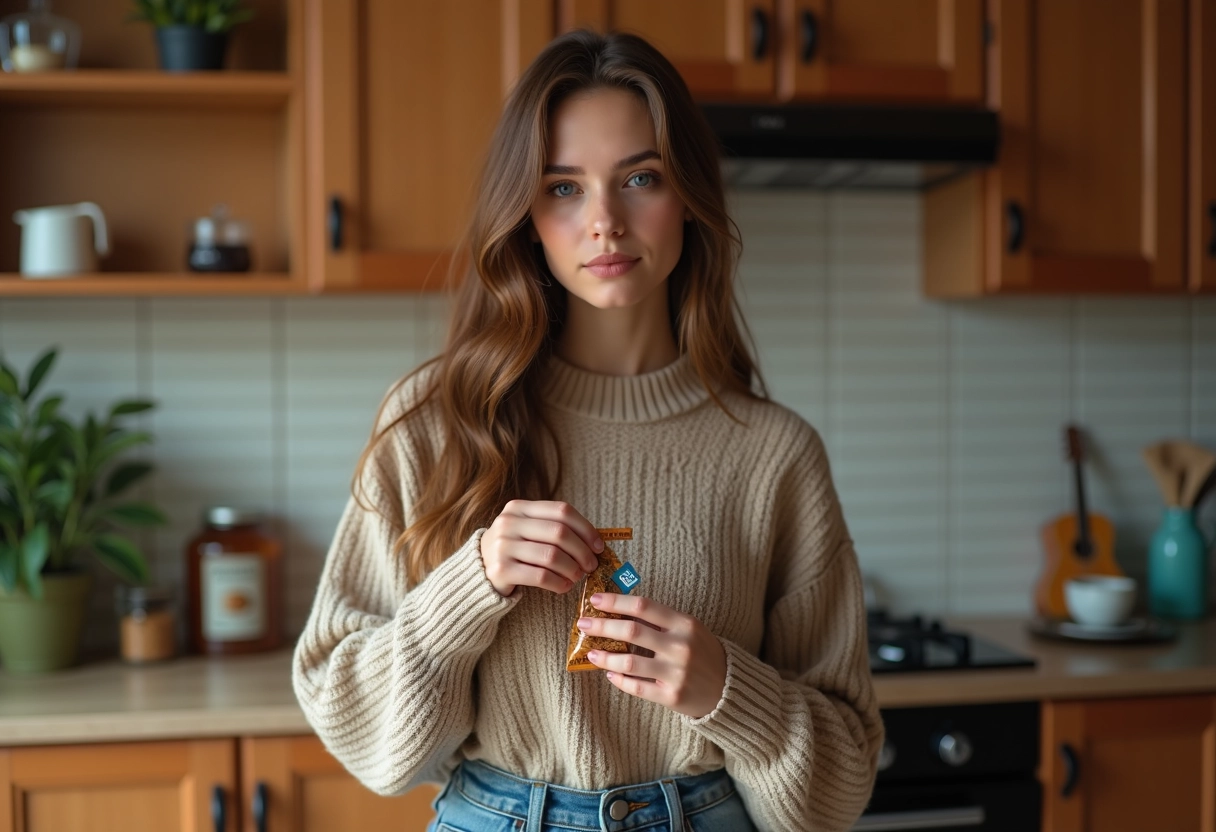 Femme ouvrant un pouch de tabac dans la cuisine