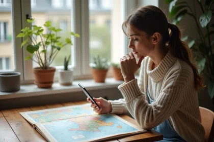 Jeune femme à Paris regardant une carte de France