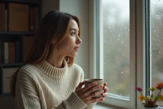 Femme pensive regardant par la fenêtre sous la pluie, illustrant la santé émotionnelle et l'introspection liée au signal 0110