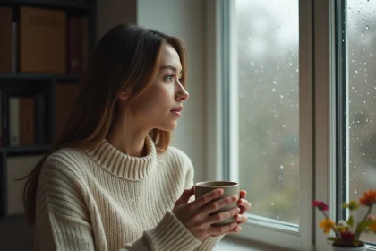 Femme pensive regardant par la fenêtre sous la pluie, illustrant la santé émotionnelle et l'introspection liée au signal 0110