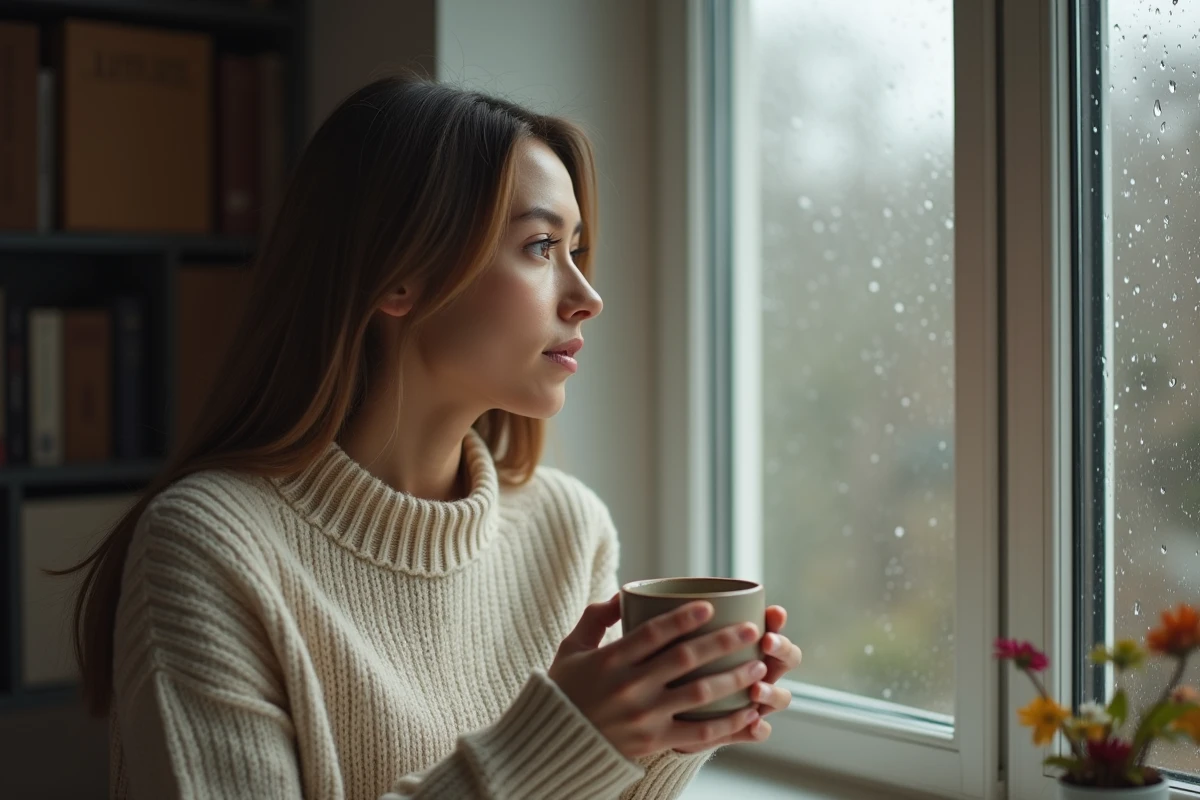 Femme pensive regardant par la fenêtre sous la pluie, illustrant la santé émotionnelle et l'introspection liée au signal 0110