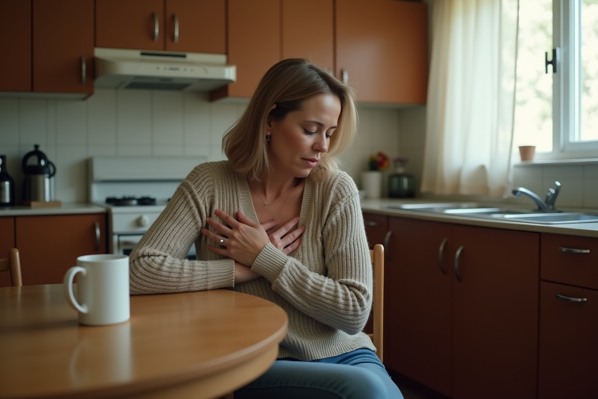Femme d'âge moyen assise seule à la cuisine contemplative