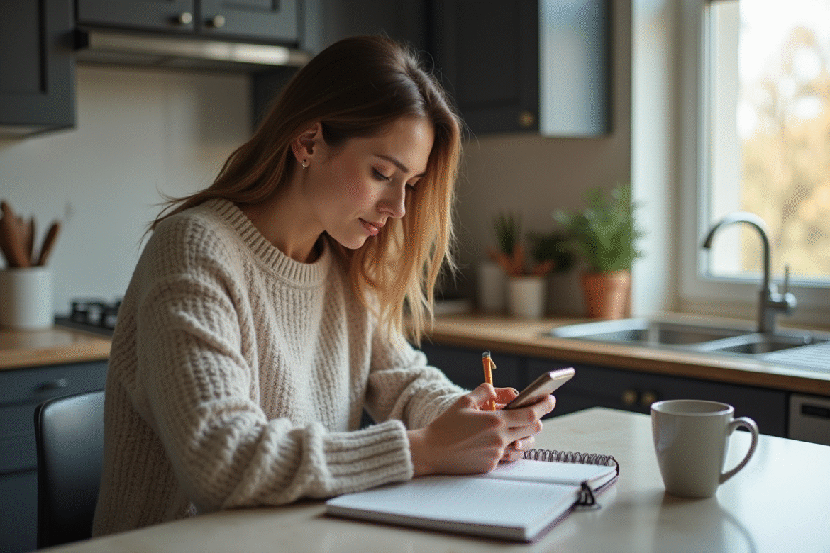 Femme calme vérifiant son application bancaire sur smartphone