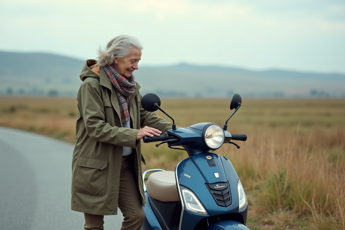 Femme âgée avec Yamaha Dax dans la campagne