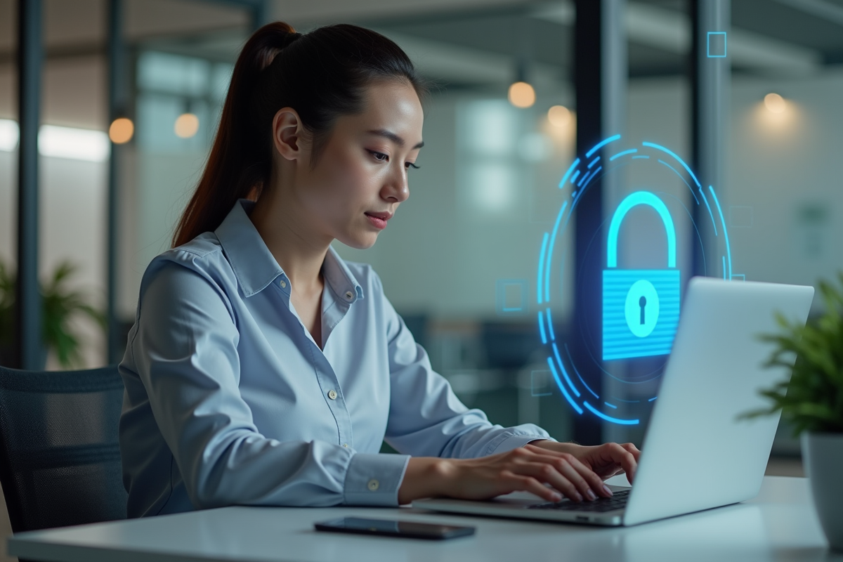 Jeune femme au bureau avec icone de securite digitale