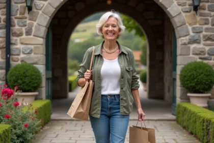 Femme souriante sortant de Dantxaria Vente avec sacs de courses