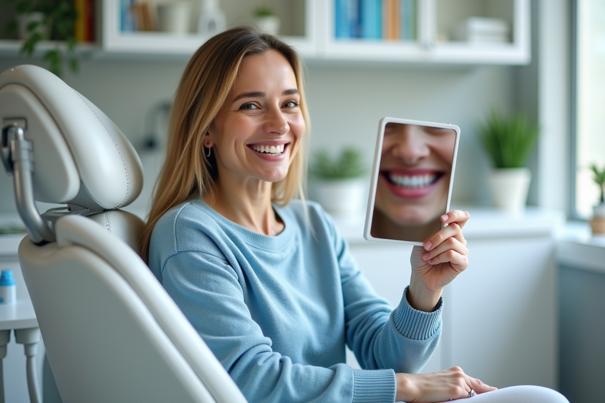 Femme souriante en salle dentaire regardant son reflet