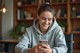 Jeune femme souriante consultant des liens de spins gratuits Coin Master sur son smartphone depuis son bureau à domicile