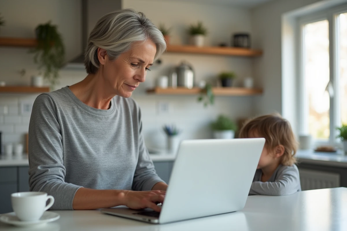 Femme travaillant sur son ordinateur dans une cuisine lumineuse