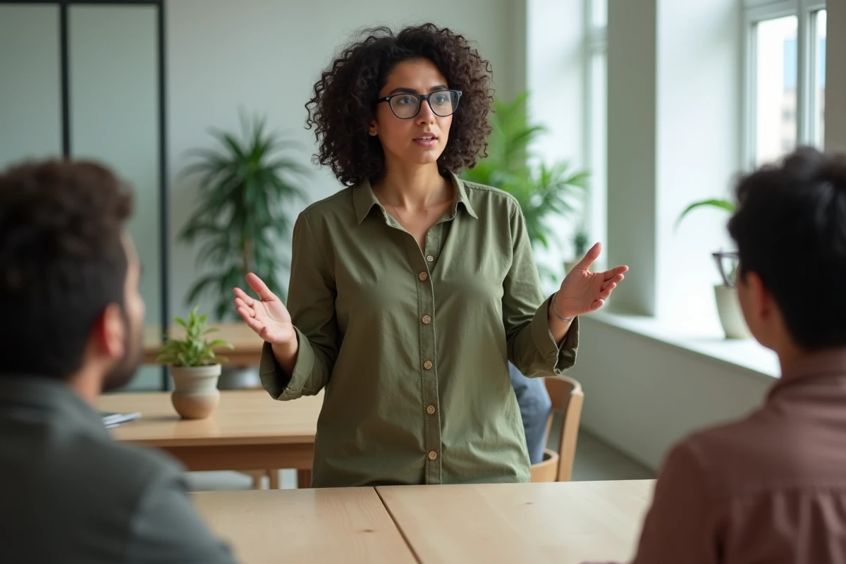 Jeune femme turque entrepreneur présentant son projet à des associés dans un espace de coworking moderne