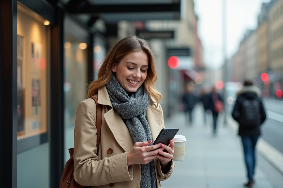 Jeune femme souriante avec trench beige dans la ville
