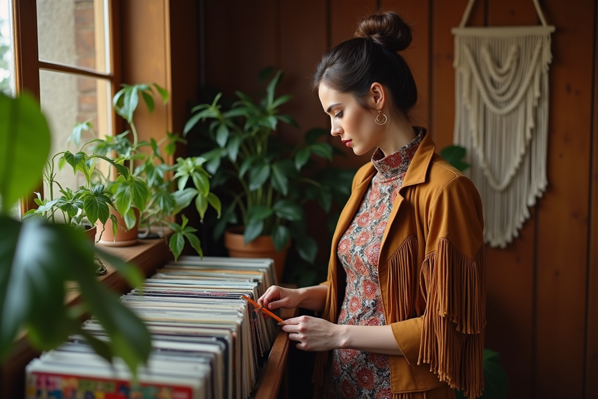 Femme confiante choisissant un vinyle dans un intérieur vintage