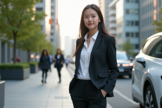 Jeune femme avec voiture électrique autonome en ville
