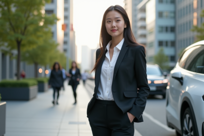 Jeune femme avec voiture électrique autonome en ville
