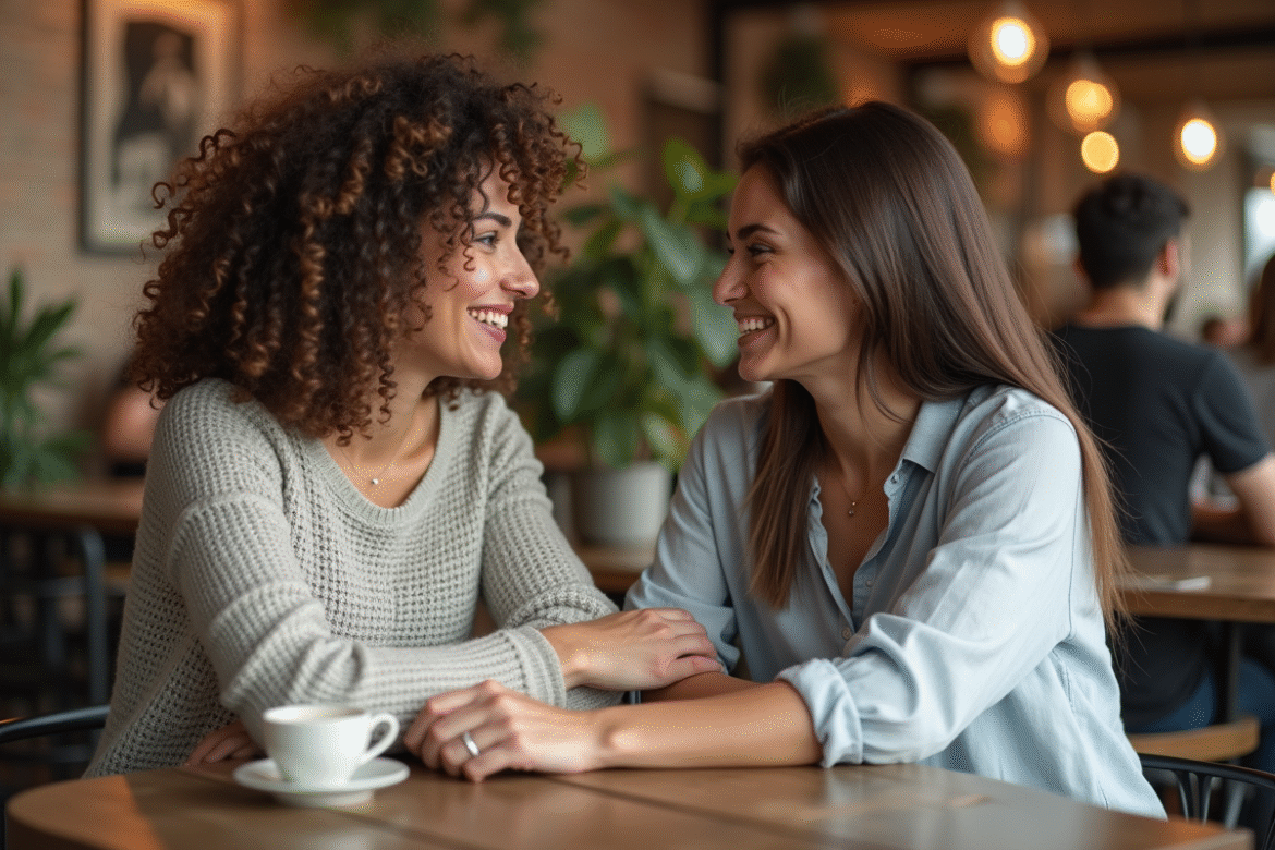 Deux femmes discutent chaleureusement dans un café