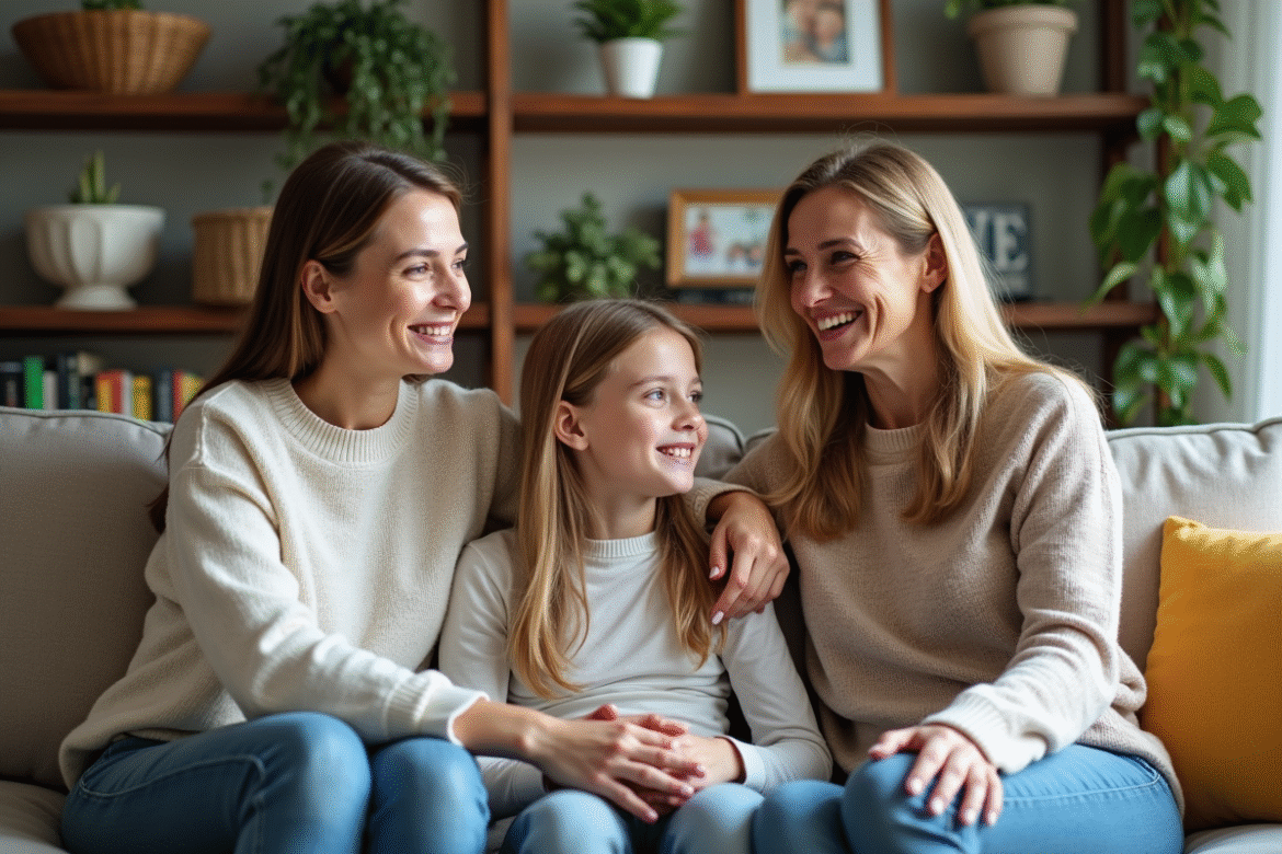 Deux femmes dans un salon accueillant avec une jeune fille