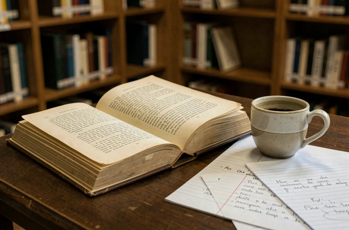 Livre de poche ancien ouvert avec des notes de révision manuscrites et une tasse de café, idéal pour réviser la fiche de lecture du Rouge et le Noir