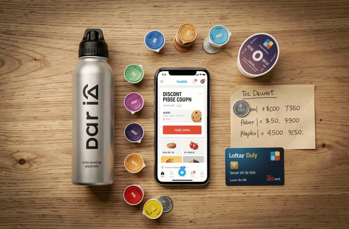 Flat lay d'une bouteille Air Up avec des pods aromatisés et un code promo affiché sur smartphone pour comparer les économies