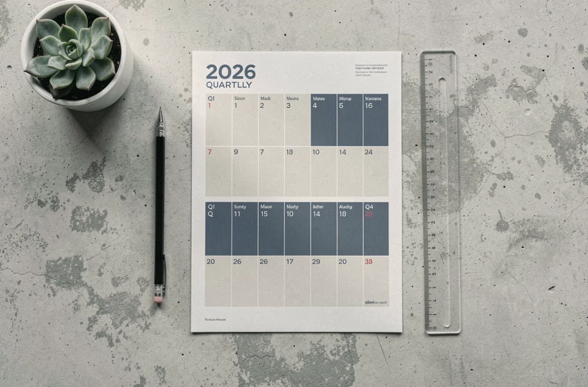 Vue de dessus d'un calendrier trimestriel 2026 minimaliste en mise à plat avec règle, crayon et plante succulente sur béton clair