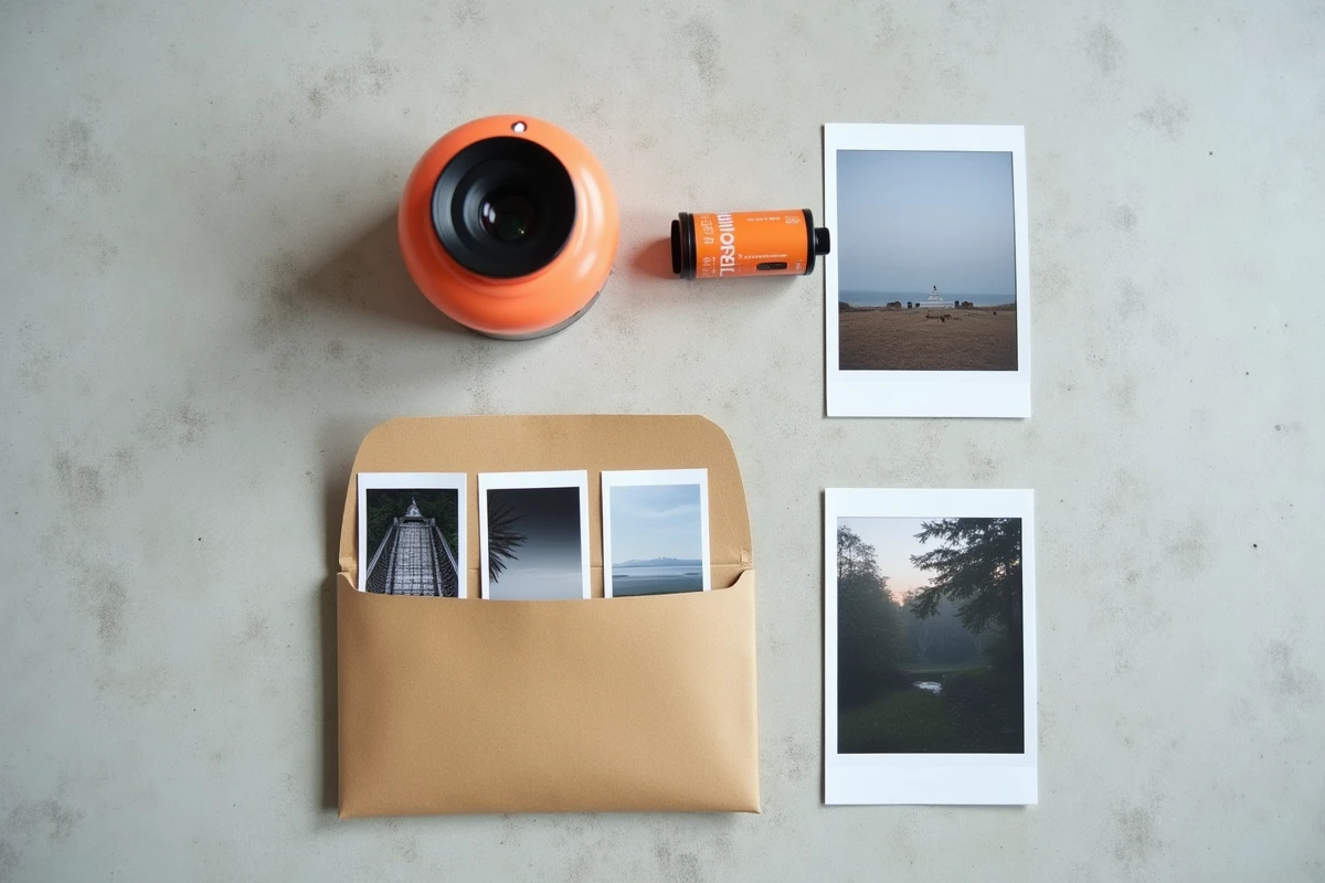 Flat lay éditorial d'un appareil photo jetable réutilisable, pellicule et tirages développés sur fond béton gris