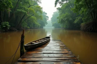 Vue grand angle d'un dock en bois sur le fleuve Amazone entouré de forêt tropicale dense, reflétant la végétation dans l'eau brune