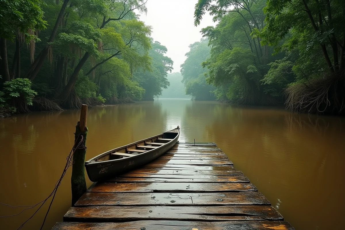 Vue grand angle d'un dock en bois sur le fleuve Amazone entouré de forêt tropicale dense, reflétant la végétation dans l'eau brune