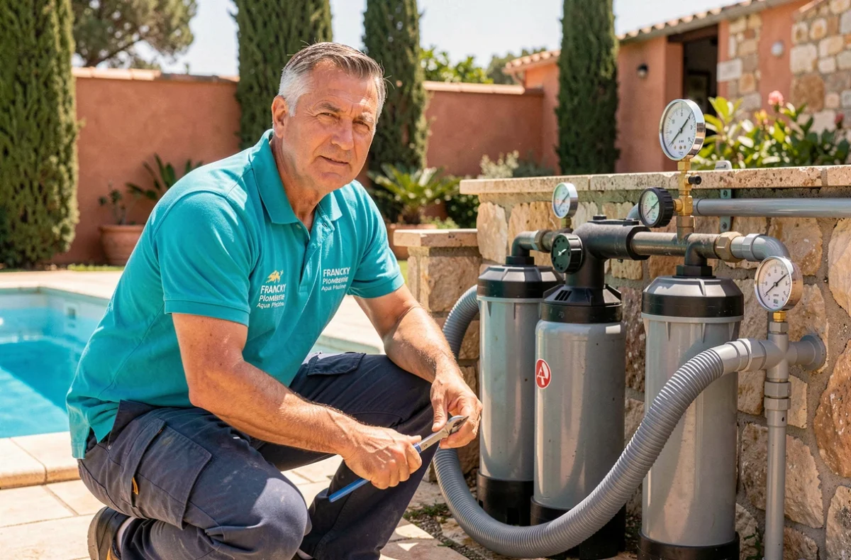 Technicien Francky Plomberie Aqua Piscine inspectant les pompes d'une piscine résidentielle à Nice