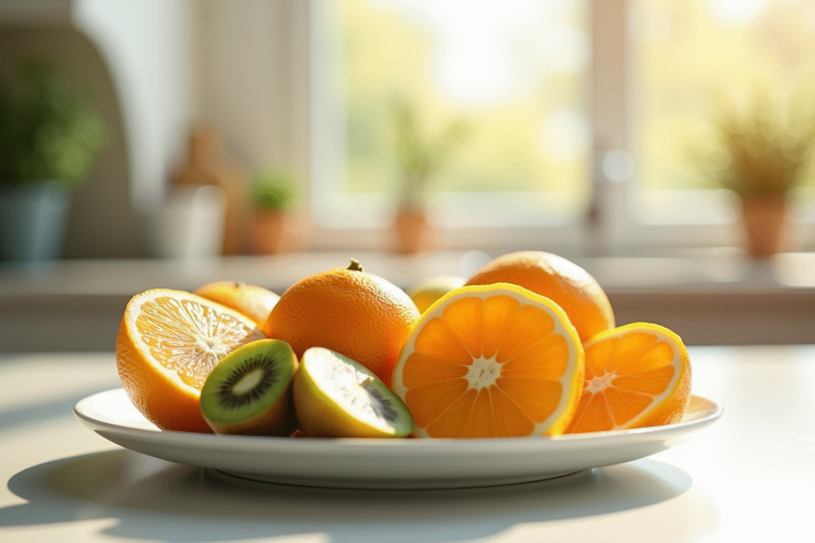 Fruits citrus frais tranchés sur une assiette lumineuse