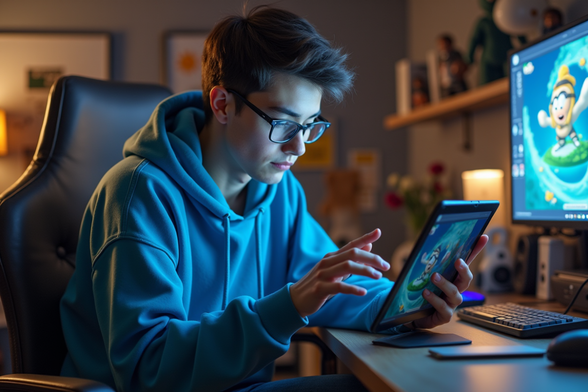 Jeune homme gamer regardant un tableau de Dofus