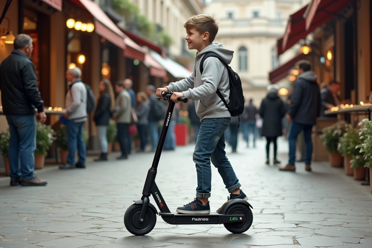 Garçon montrant un scooter écologique à des passants