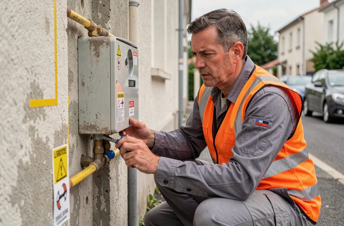 Technicien gaz de Gaz 1 Pacte intervenant sur un compteur de gaz en façade d'immeuble dans les Hauts-de-Seine