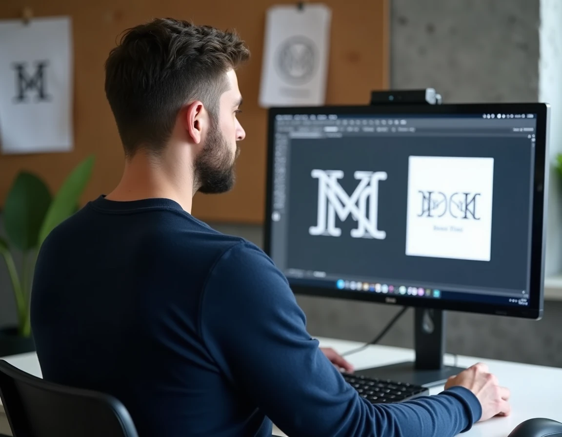 Graphiste créant un logo de mariage avec chiffres romains sur écran professionnel en studio
