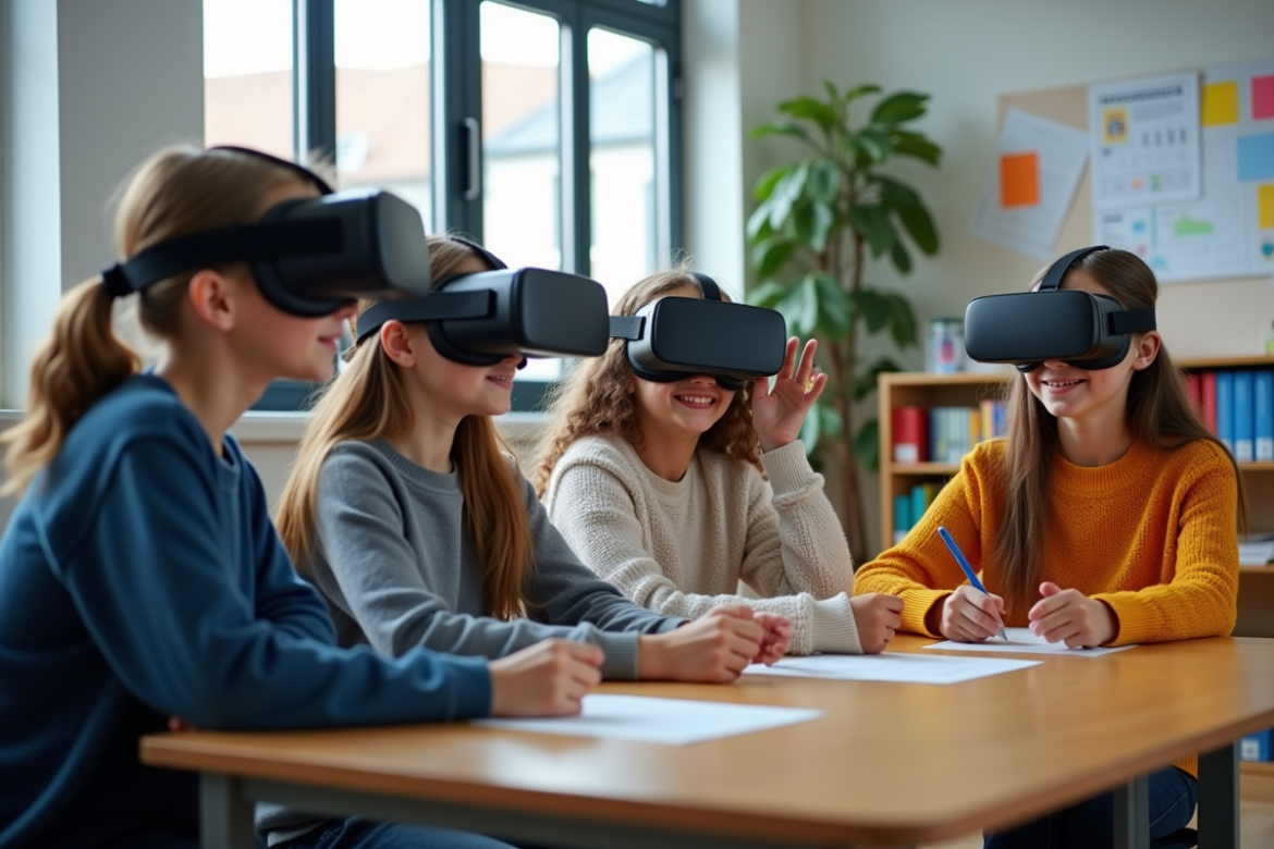 Groupe d'adolescents en réalité virtuelle dans une classe moderne
