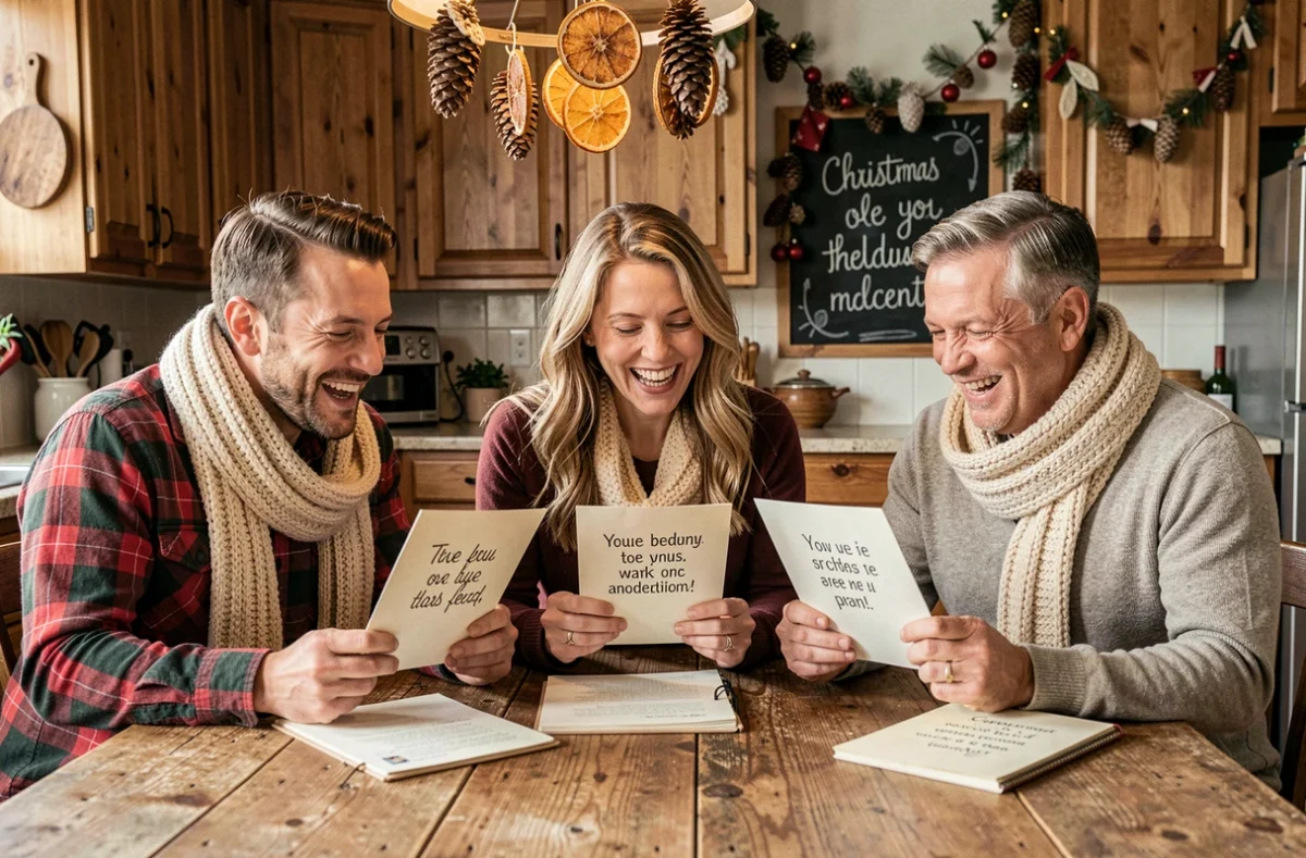 Groupe d'amis riant ensemble en lisant des citations humoristiques sur des cartes de Noël dans une cuisine décorée