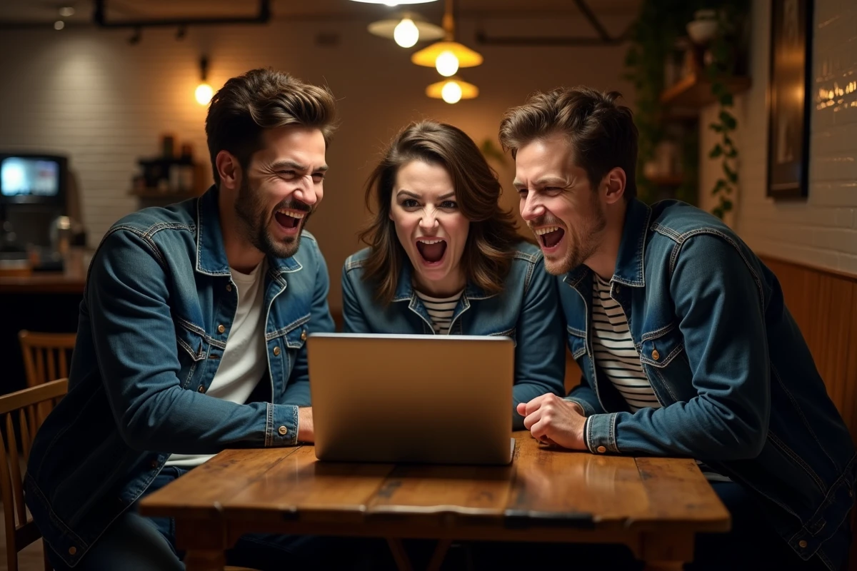 Groupe d'amis réagissant avec des rires complices à une blague d'humour noir sur un ordinateur portable dans un café