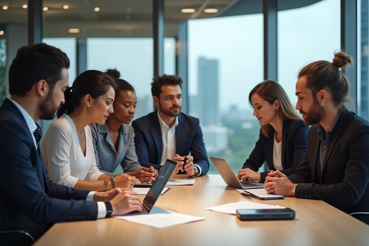 Groupe de professionnels en réunion dans un bureau moderne