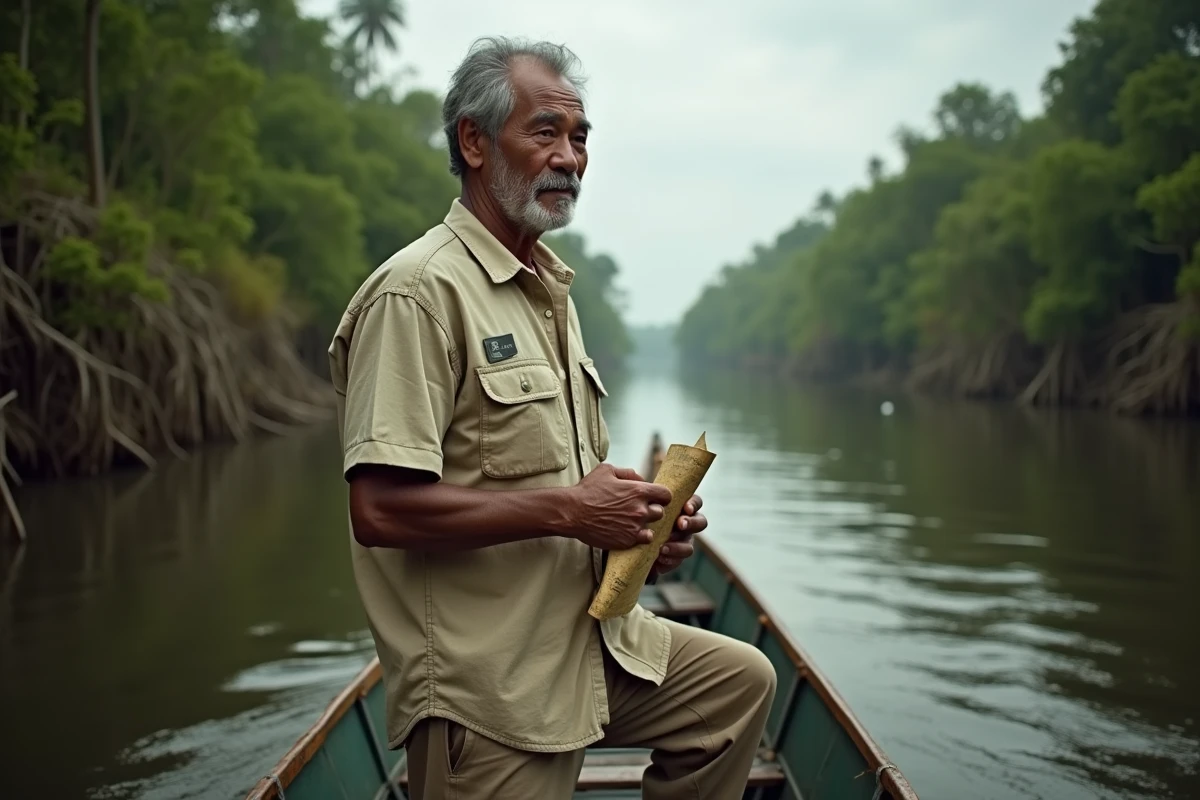 Guide fluvial indigène tenant une carte sur un bateau en bois naviguant sur un large chenal du fleuve Amazone entouré de forêt inondée