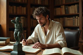 Chercheur examinant une statuette en bronze d'Hermès dans une bibliothèque académique ancienne entourée de livres de mythologie grecque