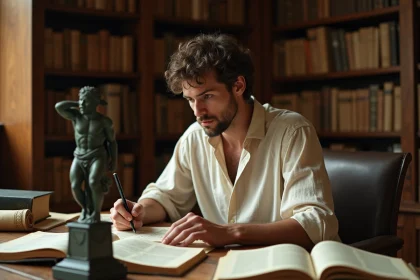 Chercheur examinant une statuette en bronze d'Hermès dans une bibliothèque académique ancienne entourée de livres de mythologie grecque
