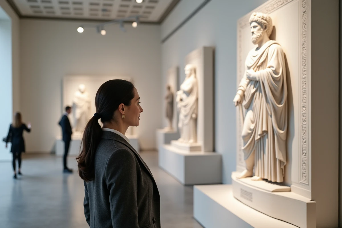 Conservatrice de musée debout devant un relief en marbre d'Hermès messager dans une galerie d'antiquités grecques contemporaine