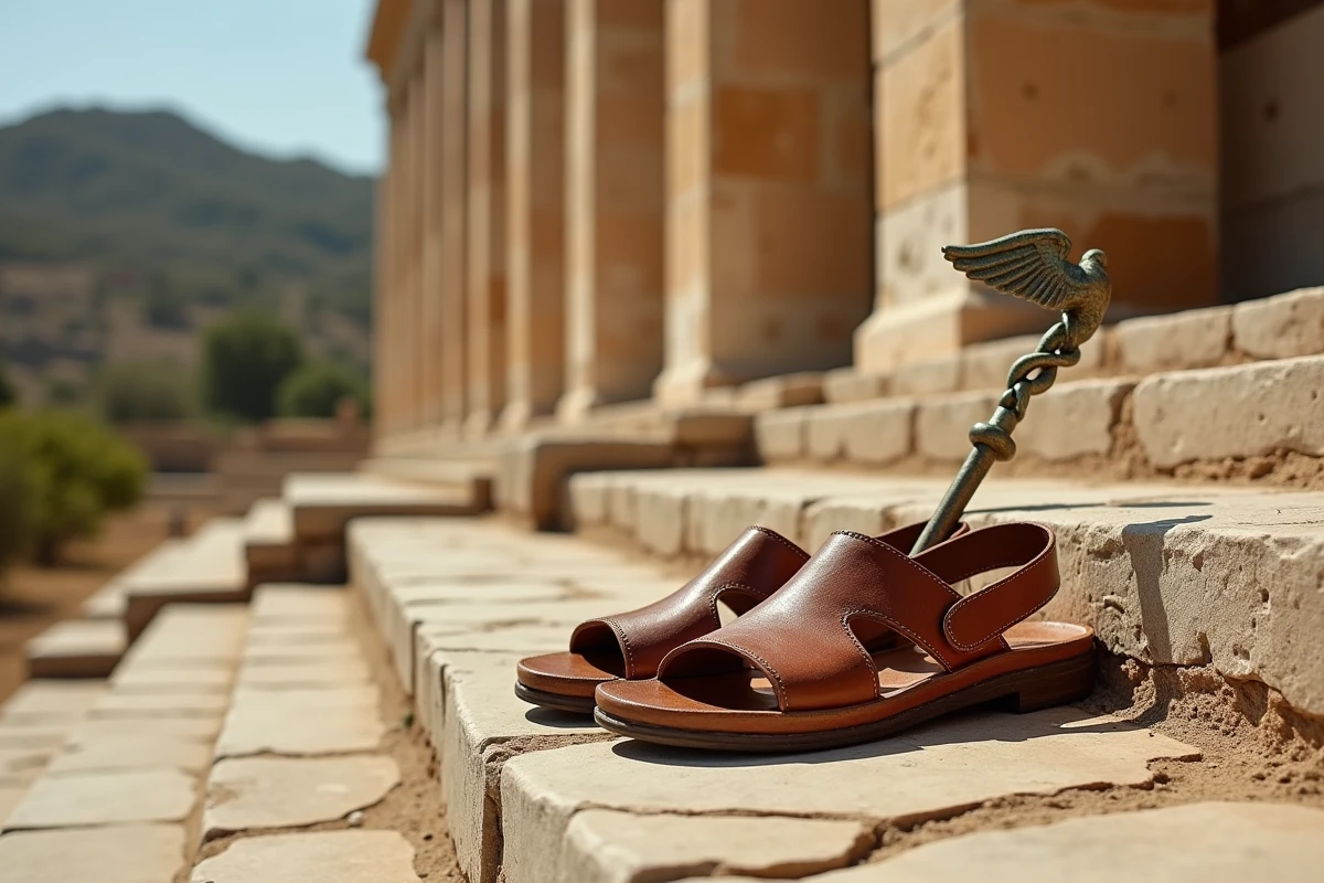 Sandales ailées et caducée d'Hermès posés sur les marches en pierre d'un temple grec en ruine dans un site archéologique méditerranéen