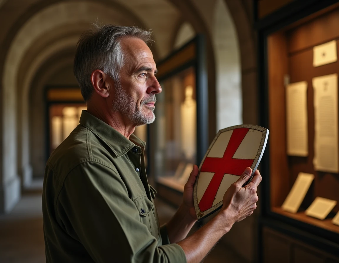 Historien examinant un bouclier templier avec croix rouge dans une salle d'archives médiévales