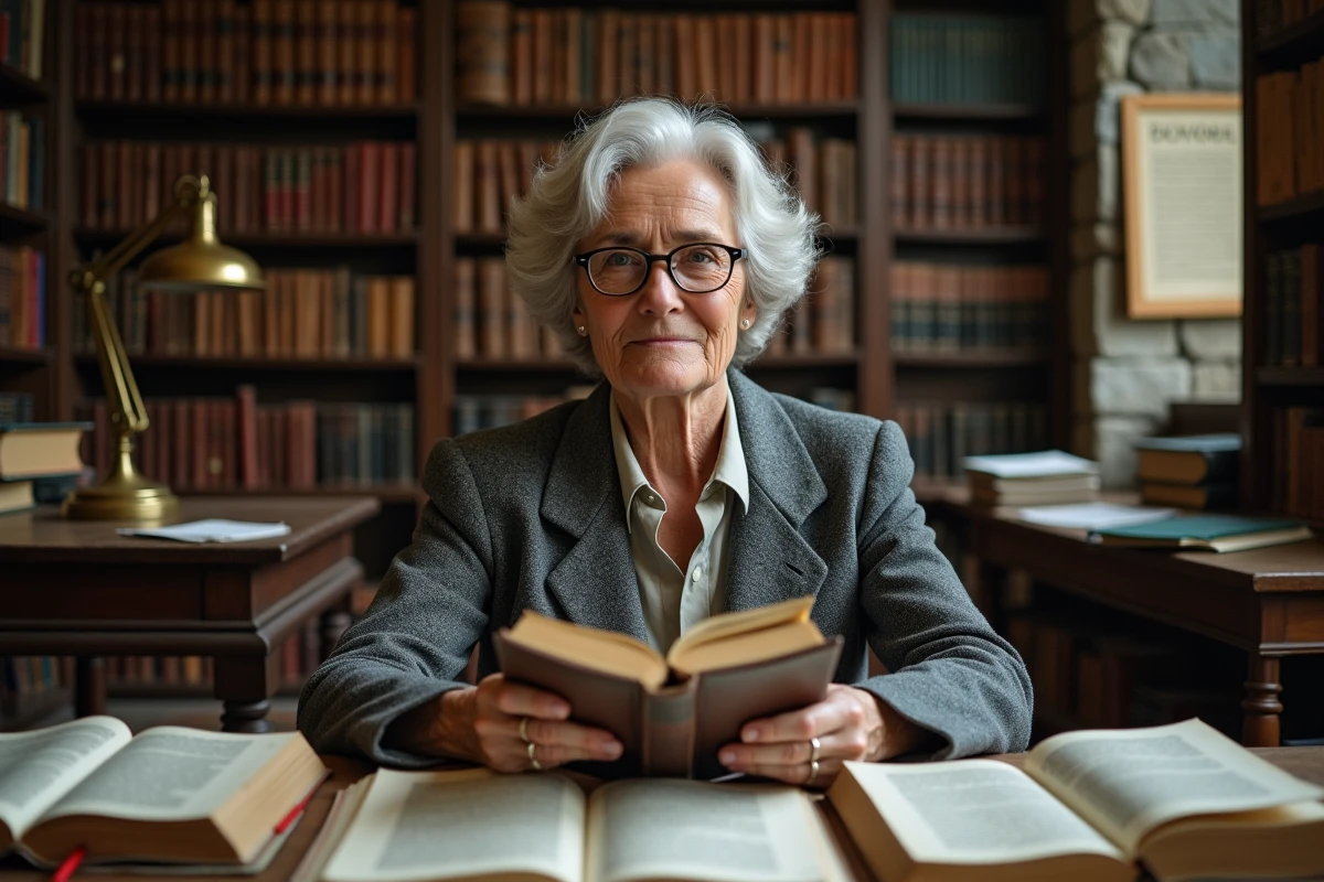 Historienne américaine entourée de livres sur l'expansionnisme dans une bibliothèque universitaire, évoquant les racines intellectuelles du Manifest Destiny et son influence sur la diplomatie contemporaine