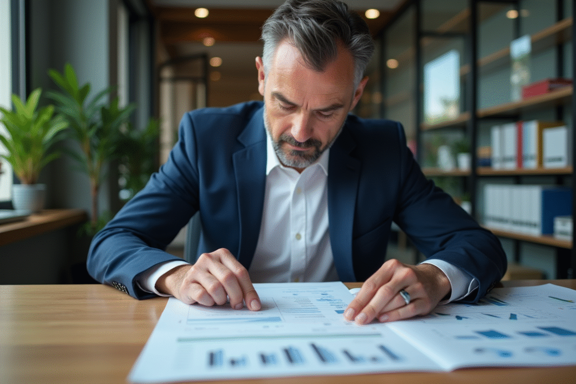 Homme d'affaires en costume analyse des documents financiers