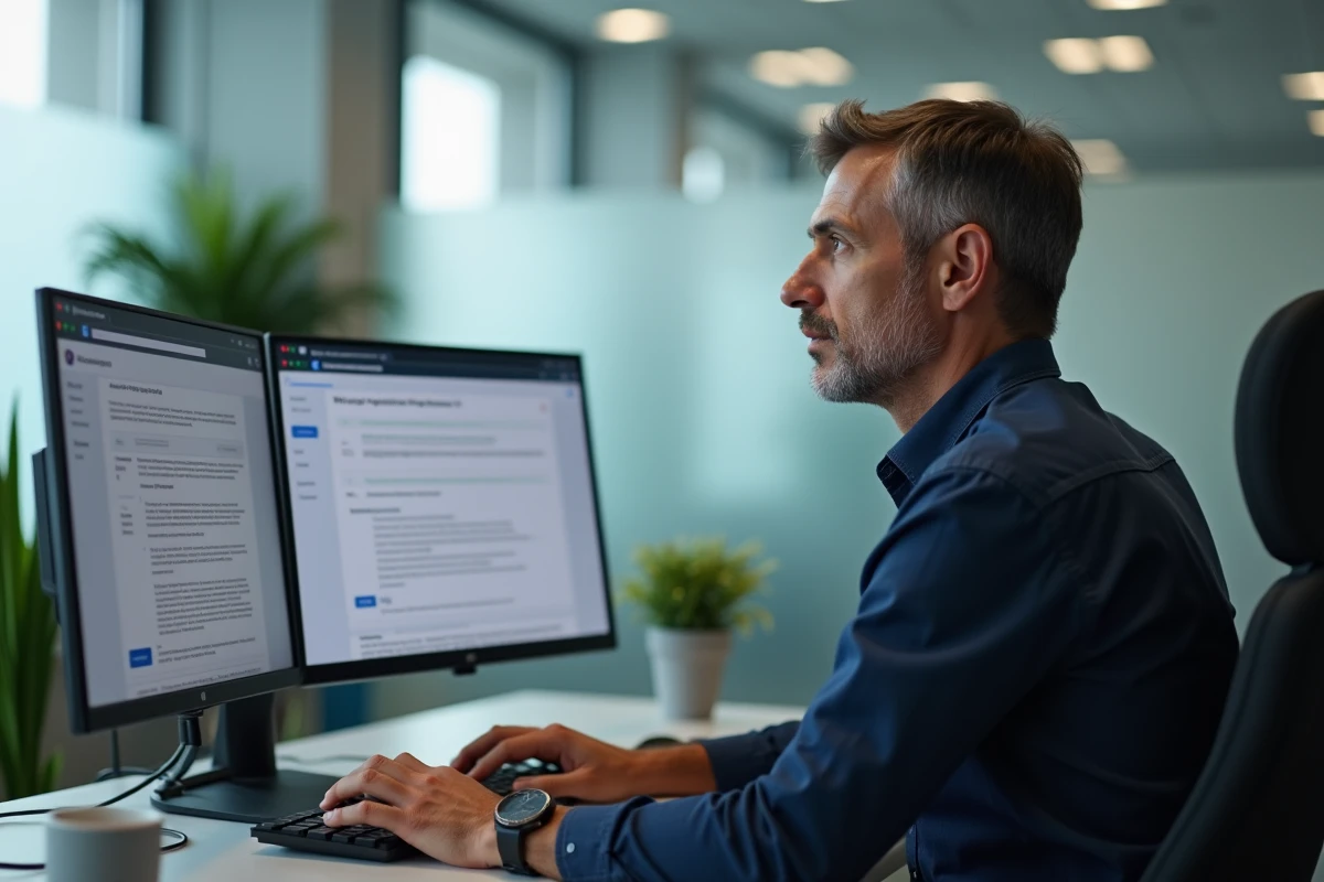 Homme en bureau professionnel analysant un outil de reformulation de texte sur deux écrans d'ordinateur