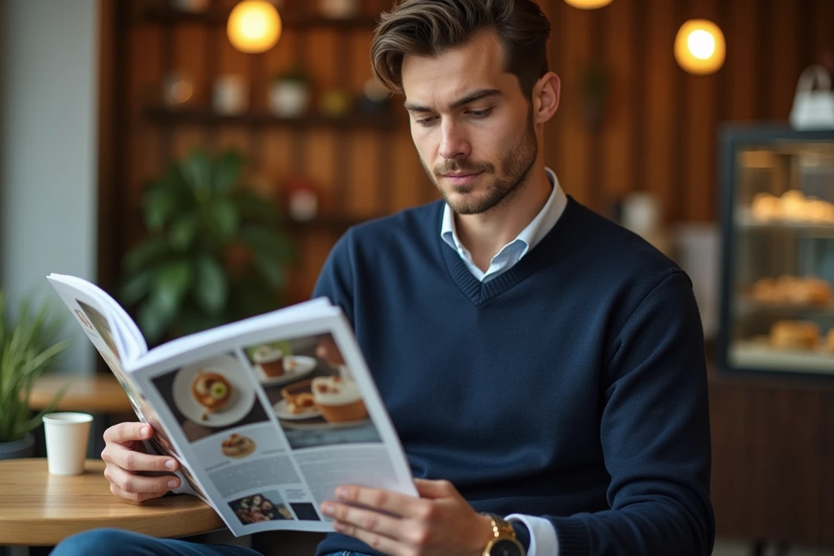 Jeune homme lisant magazine dans un café cosy