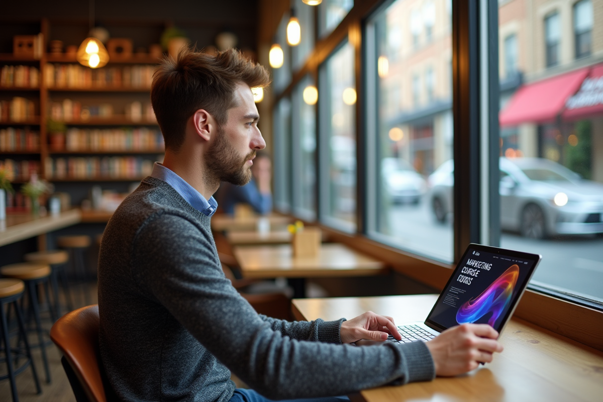 Homme au café utilisant une tablette pour une formation marketing