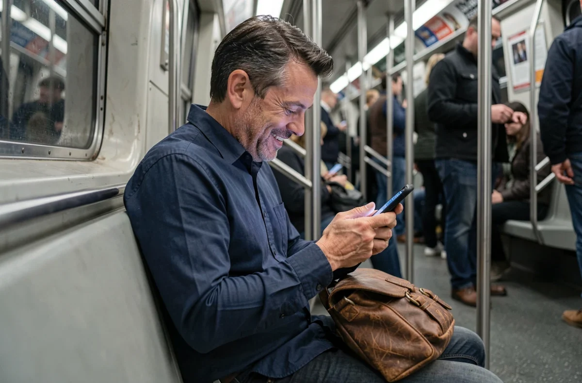 Homme résolvant le mot de passe CodyCross sur smartphone dans le métro